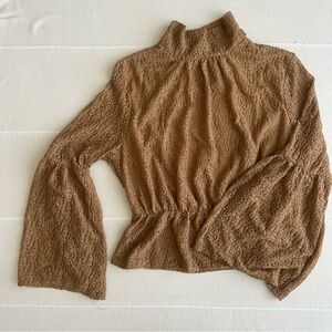 Crimson Brown Textured bell sleeve, high neck, peplum waist blouse - medium EUC